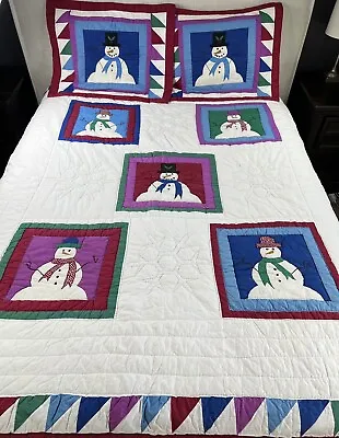 Vintage Handmade Quilt With Shams Winter Snowman Christmas Bedding 80  X 82  • $168