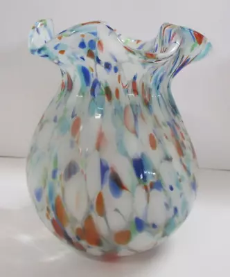 Murano Style Glass Vase W/Confetti Splatters In Teal Orange White Hand Blown • $25.99