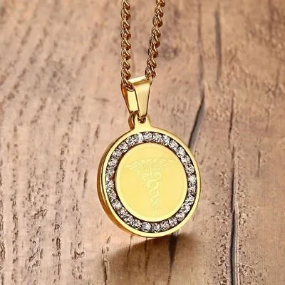 Gold Medical Alert ID Tag Necklace Pendant Crystal Stainless Steel Free Shipping • $8.99