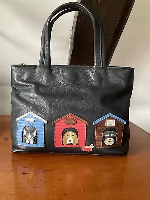 YOSHi!!  BLACK GENUINE LEATHER TOP HANDLED TOTE BAG!!! APPLIQUE DOGS IN KENNELS • £35