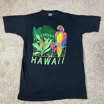 Vintage Hawaii Parrot Poly Tees Shirt Adult XXXL Black 1990 Flowers Butterfly • $12