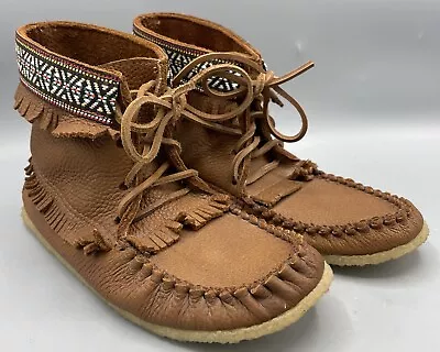 Canadian Handmade Leather Fringe Ankle Moccasins Sz 7 Mukluks Excellent Artisan • $34.95