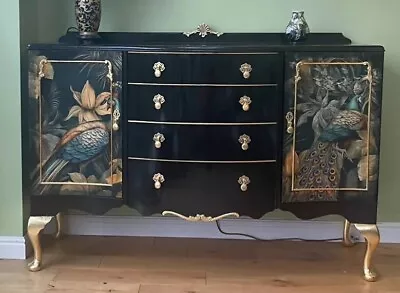 Custom Order Peacock Black Upcycled Wooden Side Board Chest Of Drawers Tv Stand • £350