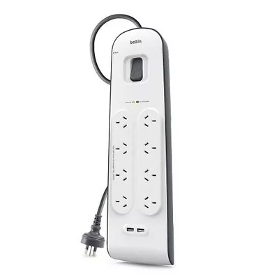 Belkin 8 Outlet Surge Protection Strip With 2 Port 2.4A USB Charging White/Grey • $69.58