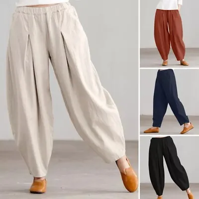 Womens Elastic Waist Cotton Linen Loose Wide Legs Harem Pants Casual Trousers • $15.67