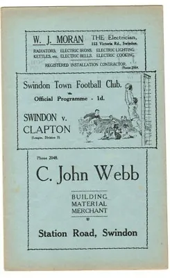 £99.99 • Buy Swindon Town V Clapton Orient 1937-38 League Div 3 Pre War 19th February 1934
