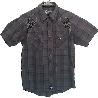 Rock 47 Shirt Men's Medium Plaid Short Sleeve Pearl Snap Button Western Wrangler • $22.77
