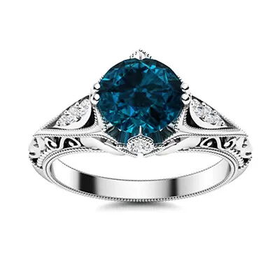 $40.13 • Buy 5MM Round  London Blue Topaz 925 Sterling Silver Art Deco Solitaire Women Ring