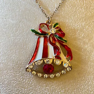 Vintage Christmas Bell Necklace Red White Enamel W/Rhinestones & Red Stone-Nice! • $18.99