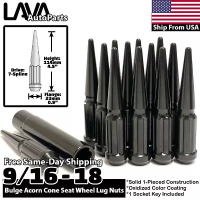 32x Black 9/16-18 Spline Spike Lug Nut + Key Fit 1994-2011 Dodge Ram2500 Ram3500 • $59.99