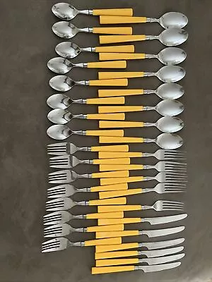 Vintage Yellow Plastic Handle Stainless Flatware Taiwan 35 Pieces Silverware • $24.99