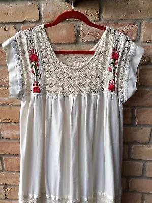 VTG 70s White Crochet Mexican Dress M? Prairie Cottagecore Peasant 41 B FLAWS  • $78.50