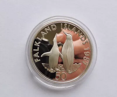 1987 Falkland Islands 50p Silver Proof King Penguins WWF Coin • £14.99