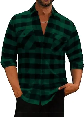 Mens Plaid Flannel Shirts Long Sleeve Casual Shirt For Men Checked Green • £11.25