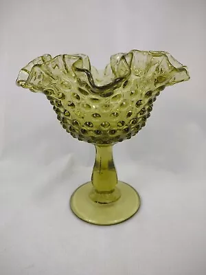 Vintage Fenton Hobnail Ruffled Edge Green Glass Compote Bowl Dish 6 1/8  Tall  • $26.99