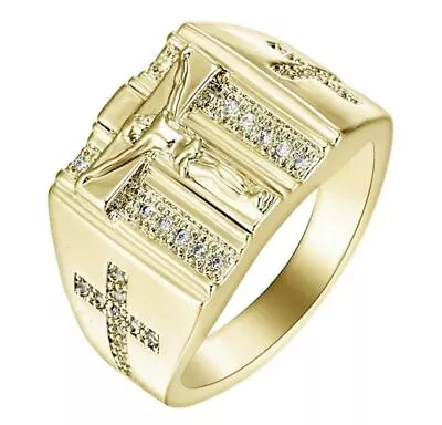 18K GOLD EP  DIAMOND SIMULATED MENS CROSS RING Sz 7-15 U Choose • $22.99