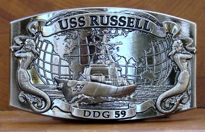 USS Russell (DDG-59) Destroyer Crew Belt Buckle  Mermaids   Antique Silver • $30