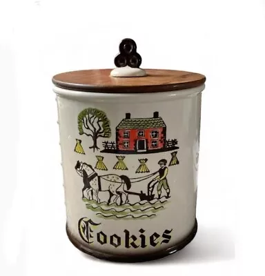 1960's VINTAGE METLOX POPPYTRAIL COOKIE JAR COLONIAL FARM SCENE • $14.99