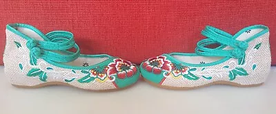 £15.50 • Buy Chinese Style Flower Embroidered Shoes Green With Red Flowers Size EU 35