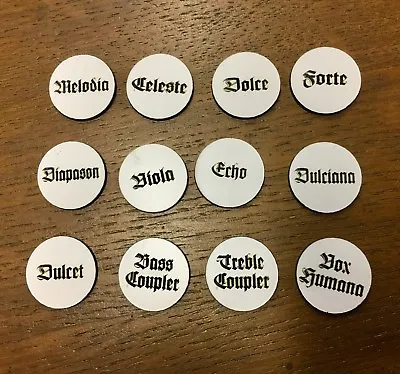 New Pump/Reed Organ Stop Faces 7/8  Set Of 12  White W/Black Lettering • $48.99