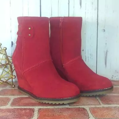 Sketchers SKCH + 3 Short Red Suede Wedge Ankle Boot Booties Women's 5.5 • $65