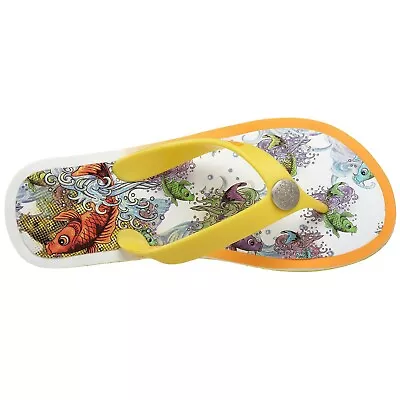 New Ed Hardy Limited Ed. Yellow Koi Fish Asian Print Thongs FlipFlop Sandals US8 • $25.44