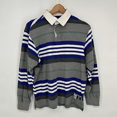 Adidas Polo Shirt Mens Medium Gray Blue Striped Rugby Skateboarding Long Sleeve • $12.99