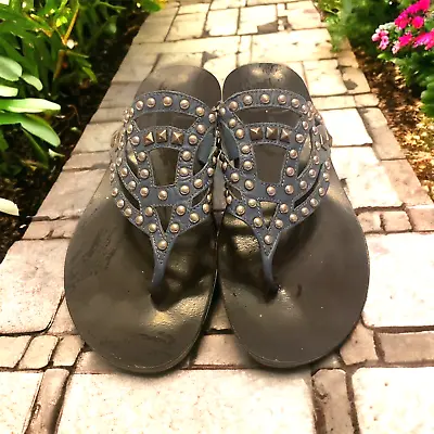 B.Makowsky BLUE Womens Thong Sandals Silver Studded Leather Slides Size 10 • $18.25