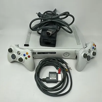 $25 • Buy Xbox 360 White Console 2 Controllers Cables Adapter Tested No HD Disc Tray Stuck