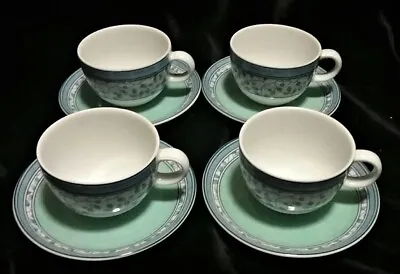 Set Of 4 Mikasa  SUSANNE  Teacup And Saucers Blue Leaves Blue Band • $15.99