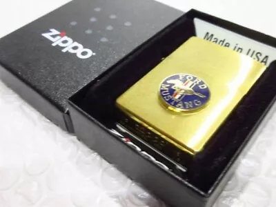 Zippo Oil Lighter Mustang Logo Gold Blue Brass Regular Case Japan • $90