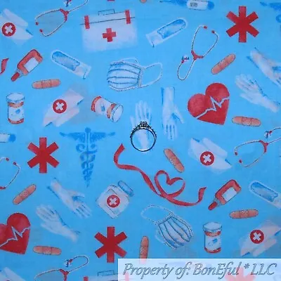 BonEful Fabric FQ Cotton Quilt Blue White Red Dr Nurse Medical RN Bag Heart Mask • $4.38