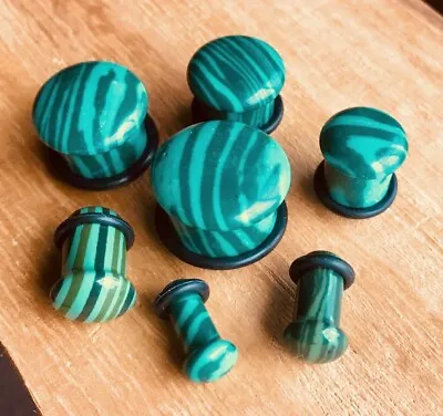 PAIR Single Flare Malachite Stone Plugs Gauges Earlets Body Jewelry • $12.95