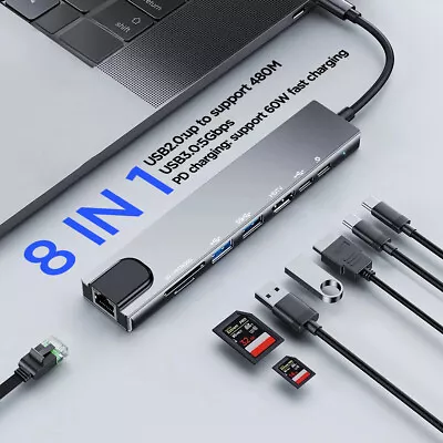 $26.99 • Buy 8 In 1 UHD Type C Hub USB 3.0 HDMI VGA PD Adapter Docking Station For MacBook