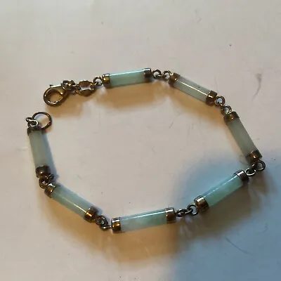 Vintage 925 Sterling Silver & Asian Light Green  Jade Bracelet 7  • $33.88