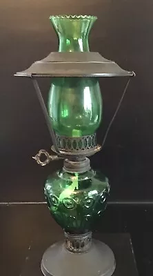 Unusual Antique Green Glass Ornate Oil Lamp Working Order 16” High • £40