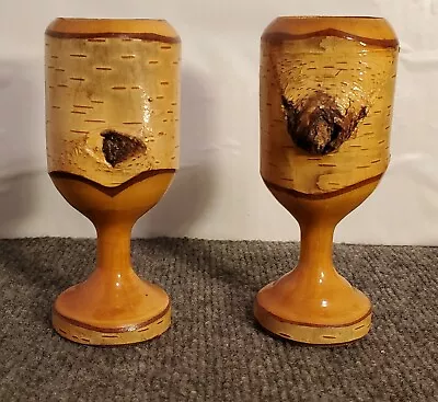 2 Vintage Goblets Wood Hand Carved By Woodcraft Decorative  • $37.67