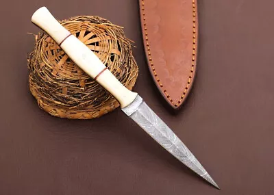 Double-Edged V42 Military Damascus Steel Boot Knife Hunting Camel Bone Handle • $25.49