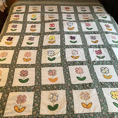 Vintage Signed Hand Quilted & Embroidered Quilt Flowers Green White Signed • $79.99