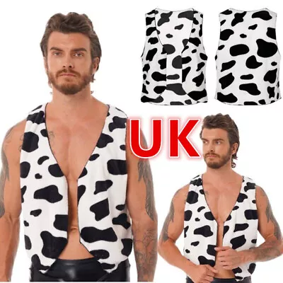 UK Men's Cow Print Waistcoat Animal Pattern Sleeveless Vest Tops Cosplay Costume • £7.29