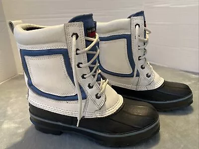 Vintage 90’s Lake-N-Trail Insulated Duck Boots Women’s Sz 9 White Leather Blue • $35.99