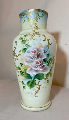 Tall Antique Hand Blown Painted Milk Bristol Glass Enamel Enameled Flower Vase • $248.99