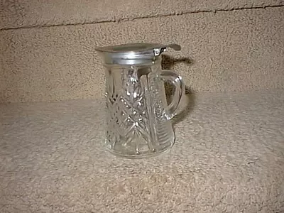 Vintage Etched Glass Syrup Cream Pitcher & Handle Removable Metal Lid • $12