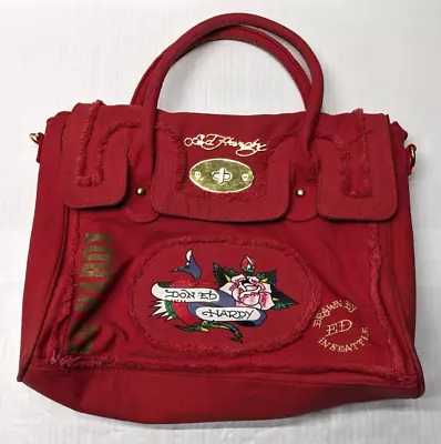 Vintage Ed Hardy Canvas Bag Red With Bejeweled Logo Approximatly 16 X 12 X 5in • $49.99