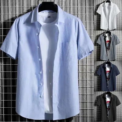 Men 3/4 Sleeve Oxford White Shirt Button Down Fashion Casual Loose Blouse Tops • £7.99