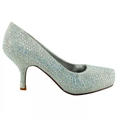 £19.99 • Buy Ladies Diamante Court Shoes Low Kitten Women High Heel Party Prom Wedding Bridal