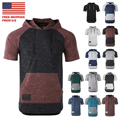 ZIMEGO Men's Color Block Short Sleeve Pullover Kangaroo Pocket Hipster Hoodie • $17.55