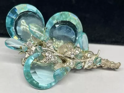 Miriam Haskell Brooch Signed Rare Vintage Silvertone Aqua Blue Glass 2-1/2  A50 • $375