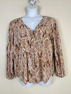 J. Jill Womens Plus Size 2X Pink Mosaic V-neck Button Up Shirt 3/4 Sleeve • $19.90