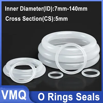 Food Grade O-Ring 5mm Cross Section Clear Silicone Rubber O Rings 7mm-140mm ID • £1.68